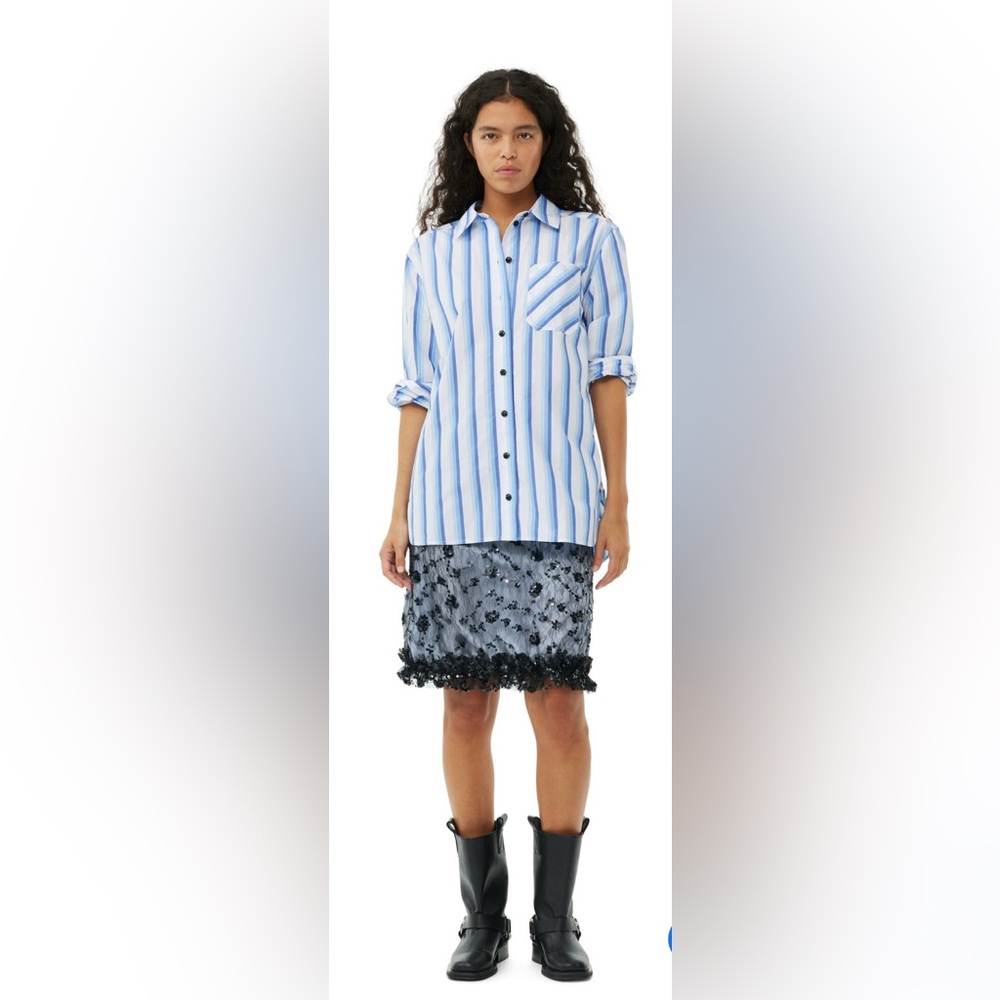 Ganni Blue Stripe Cotton Oversized Shirt. EUC